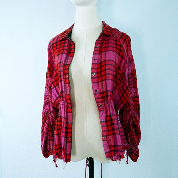 We the Free Free People | Pacific Dawn Red Pink Plaid Distressed Shirt | Sz S - Picture 3 of 12
